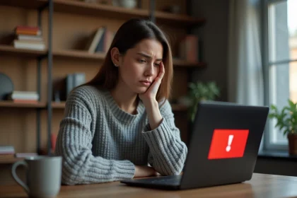 Femme frustrée devant un écran d'ordinateur affichant une erreur de connexion au portail id.ac-versailles.fr