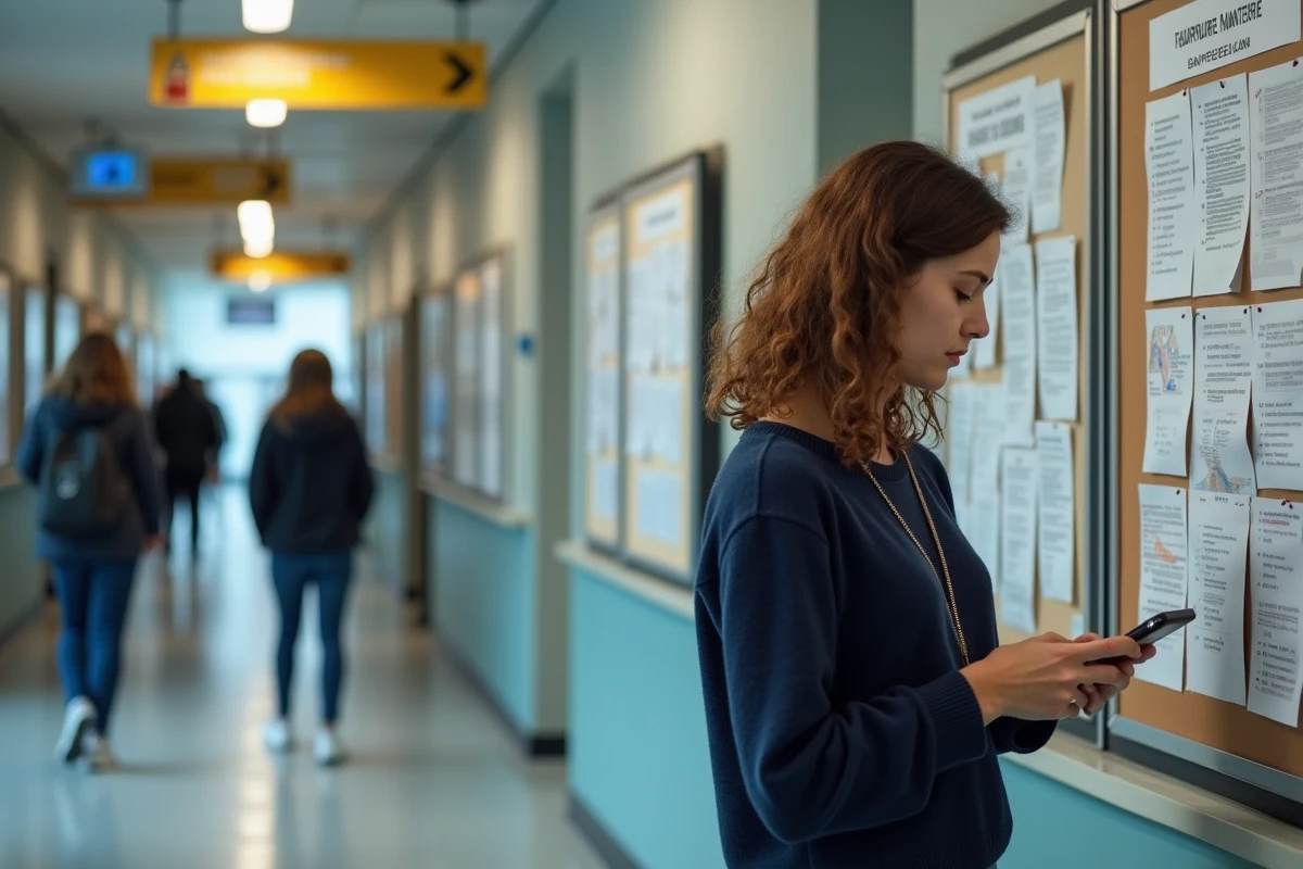 Jeune femme vérifiant son smartphone près d’un panneau d’affichage