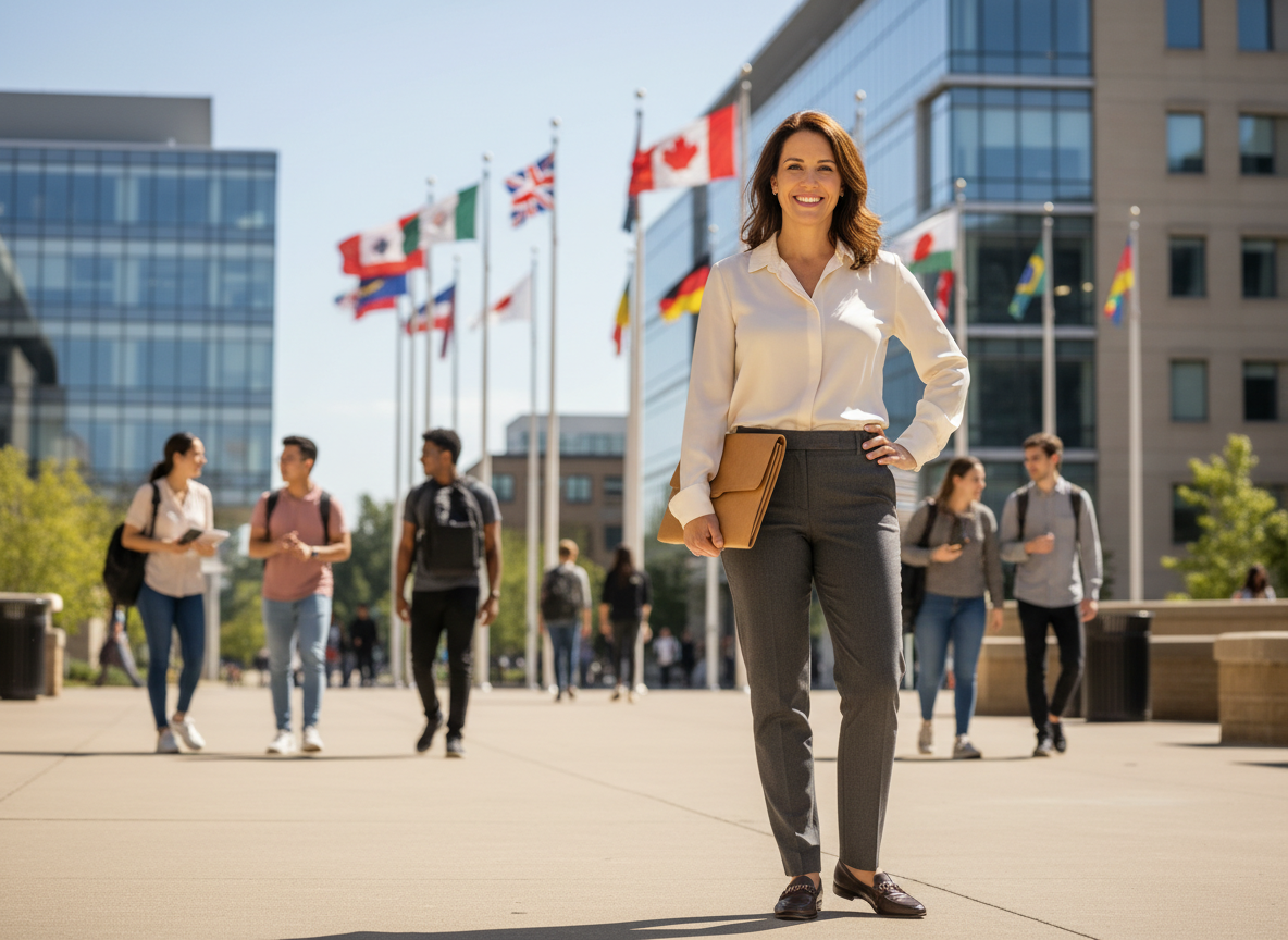 Femme confiante dans un campus universitaire animé
