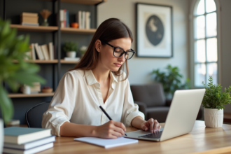 Femme concentrée lors d'une formation en ligne dans un bureau moderne