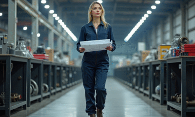 Femme confiante en uniforme dans un atelier industriel moderne