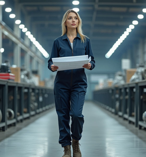 Femme confiante en uniforme dans un atelier industriel moderne