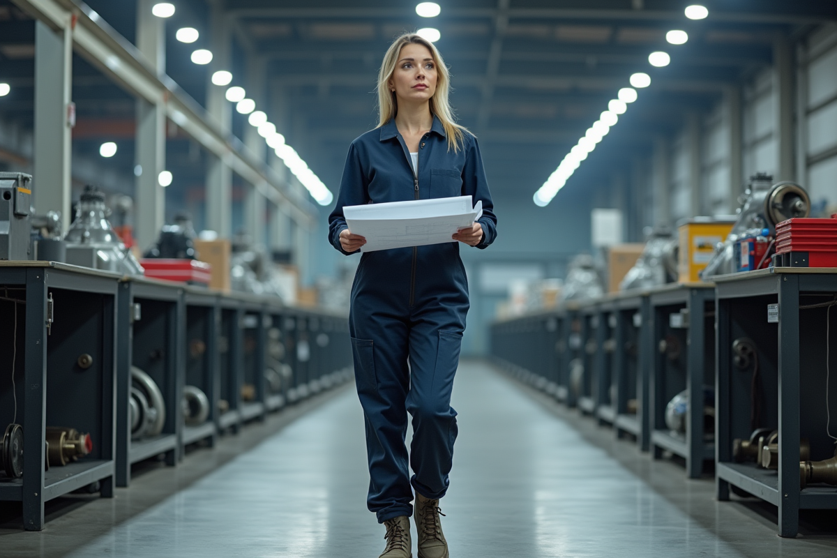 Femme confiante en uniforme dans un atelier industriel moderne
