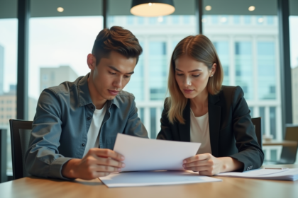 Une femme d'âge moyen et un jeune homme en réunion de travail