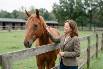 Femme gestionnaire caressant un cheval au pré naturel