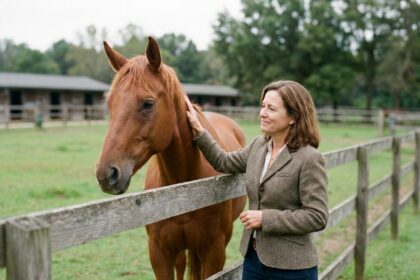 Femme gestionnaire caressant un cheval au pré naturel