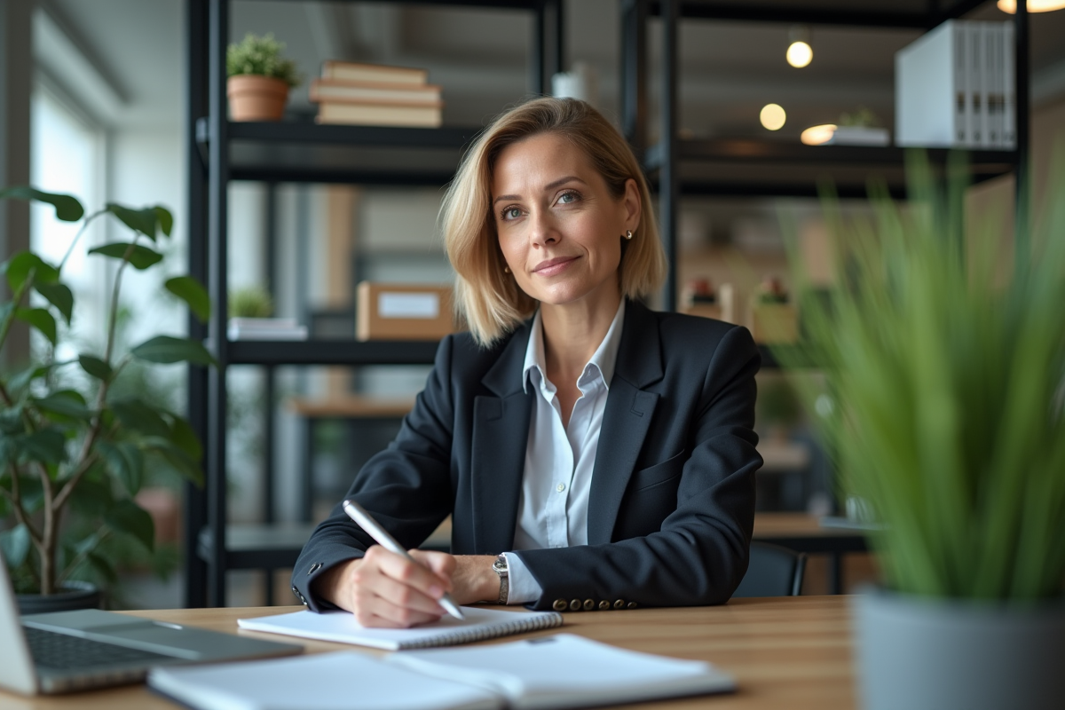 Femme manager en business casual prend des notes à son bureau