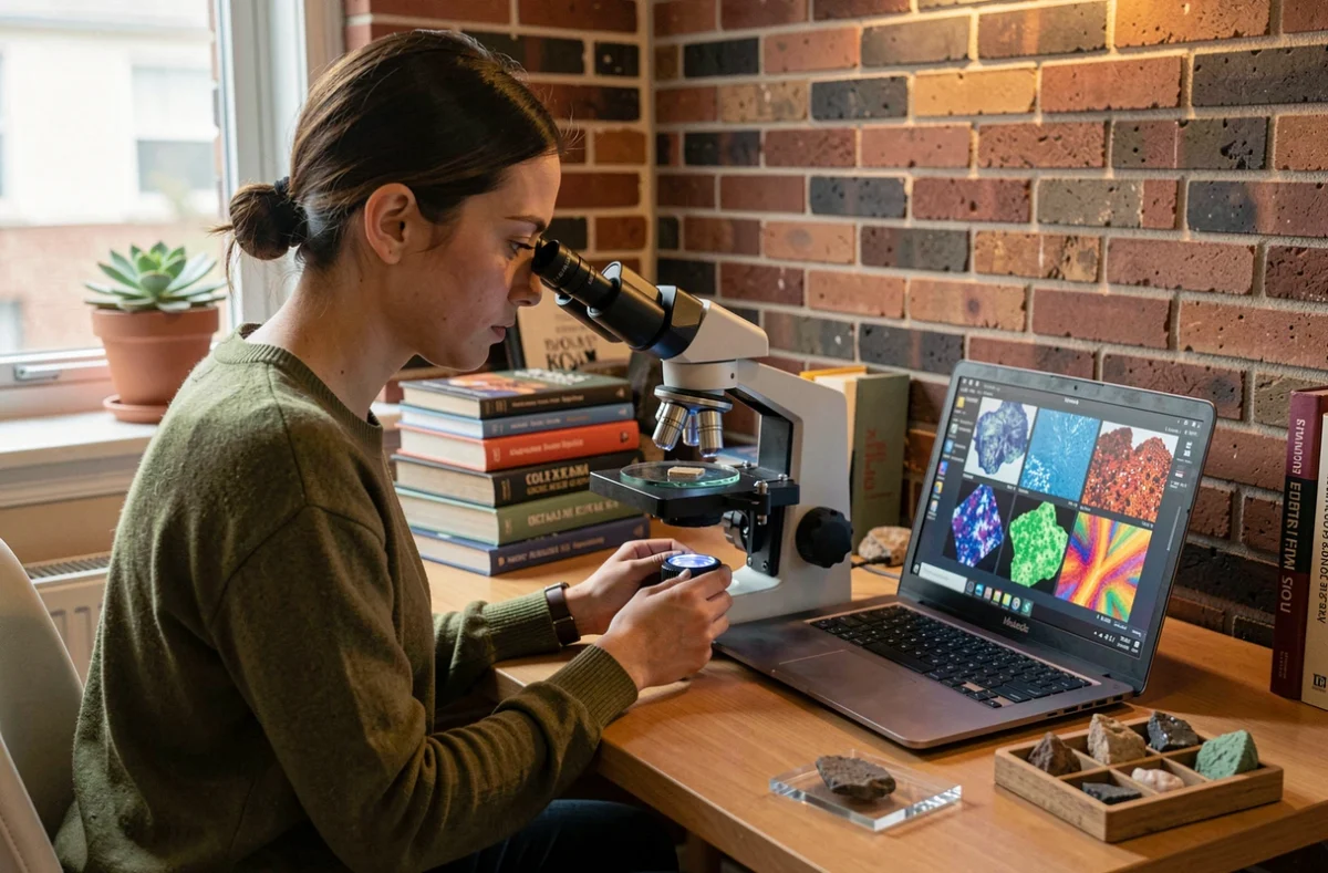 Jeune femme analysant des lames minces de roches sous un microscope pétrographique relié à un ordinateur portable dans un bureau à domicile