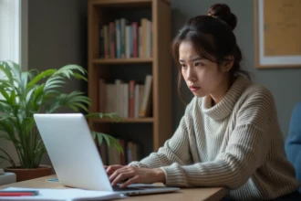 Jeune femme frustrée devant son ordinateur en environnement moderne