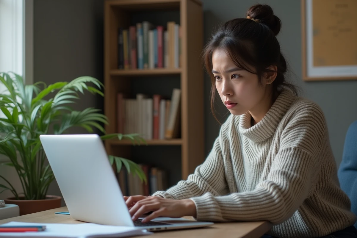 Jeune femme frustrée devant son ordinateur en environnement moderne