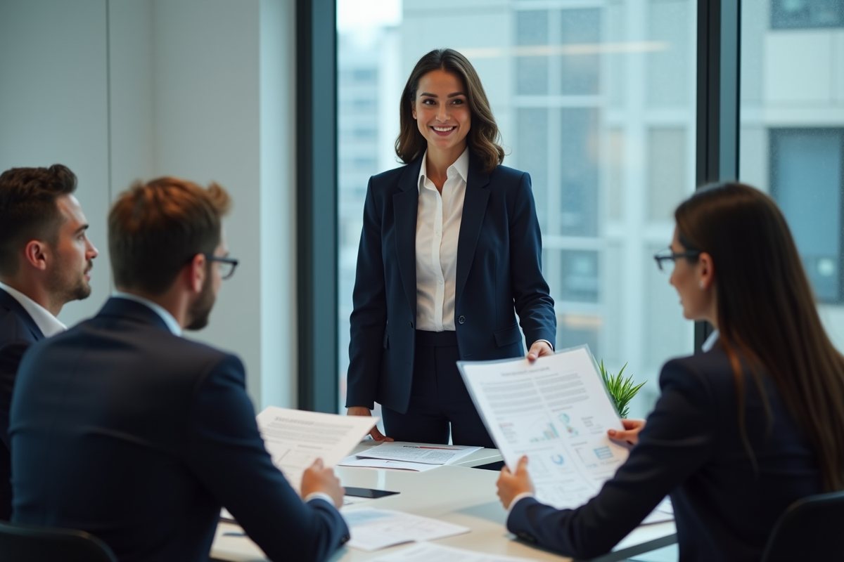 Femme professionnelle présentant des documents marketing en réunion