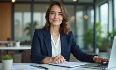 Femme en blazer navy dans un bureau moderne organisée
