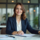 Femme en blazer navy dans un bureau moderne organisée