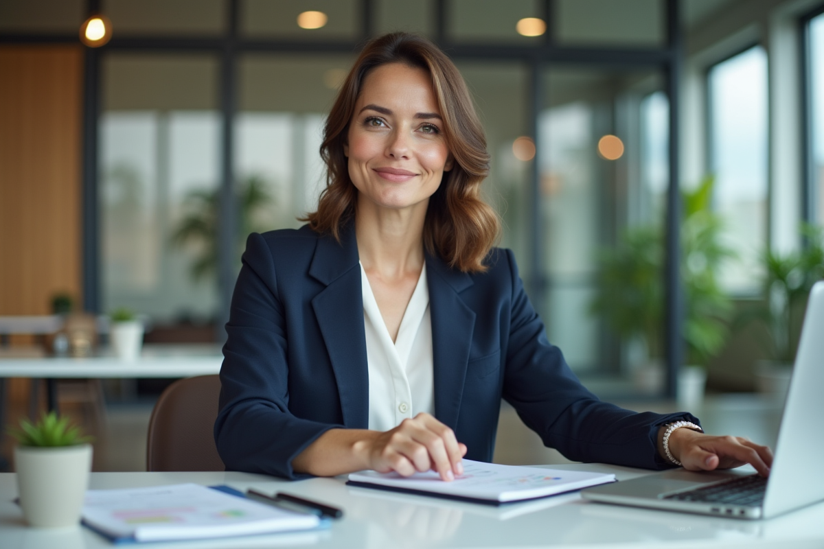 Femme en blazer navy dans un bureau moderne organisée