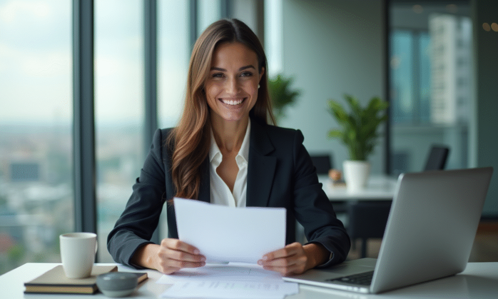 Femme d'affaires souriante dans un bureau moderne