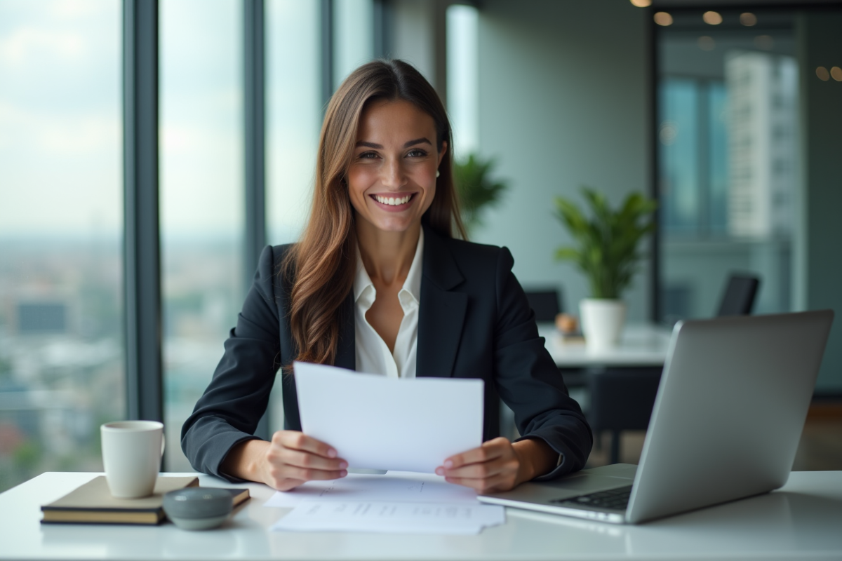 Femme d'affaires souriante dans un bureau moderne