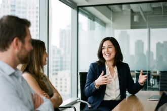 Femme professionnelle souriante lors d'une réunion en espagnol