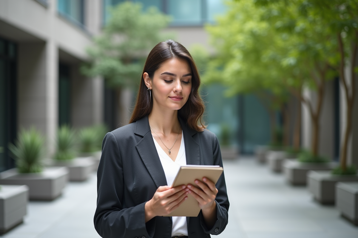 Femme en extérieur dans une cour calme et moderne