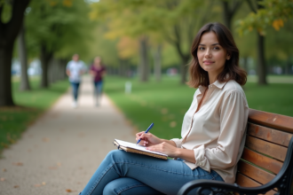Femme pensant dans un parc avec un carnet