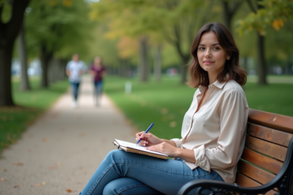 Femme pensant dans un parc avec un carnet