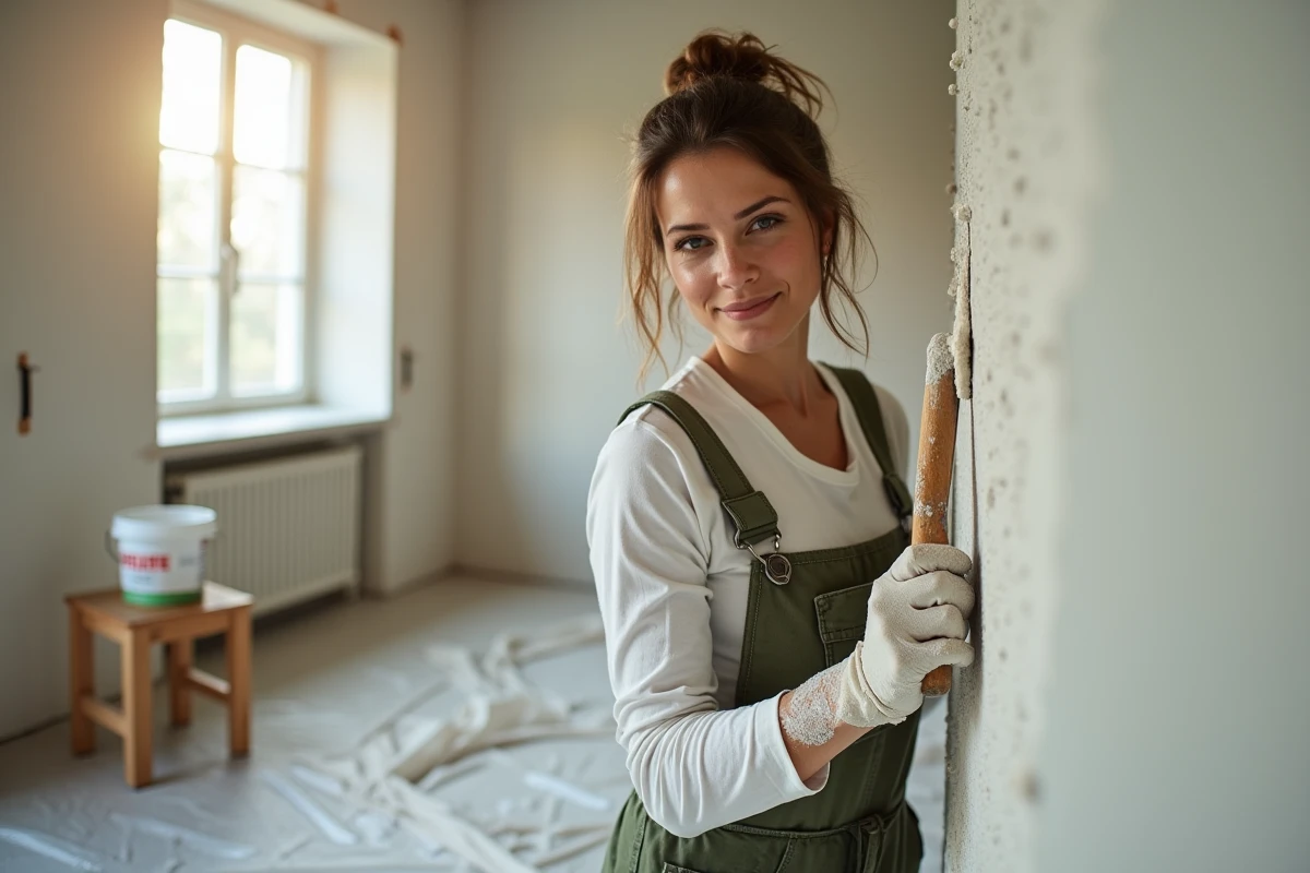 Femme appliquant un enduit sur une cloison sèche lors d'une rénovation de salon