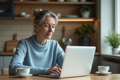 Femme d'âge moyen utilisant un ordinateur portable dans une cuisine chaleureuse