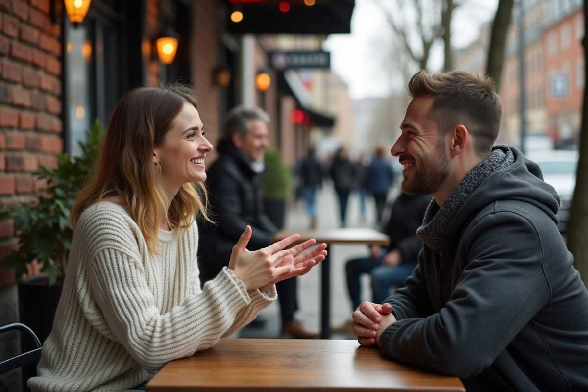 Jeune femme signant dans un café animé en ville