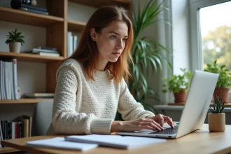 Jeune femme concentrée travaillant sur son ordinateur dans un bureau moderne