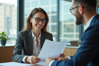 Femme souriante en réunion de bureau moderne avec collègue