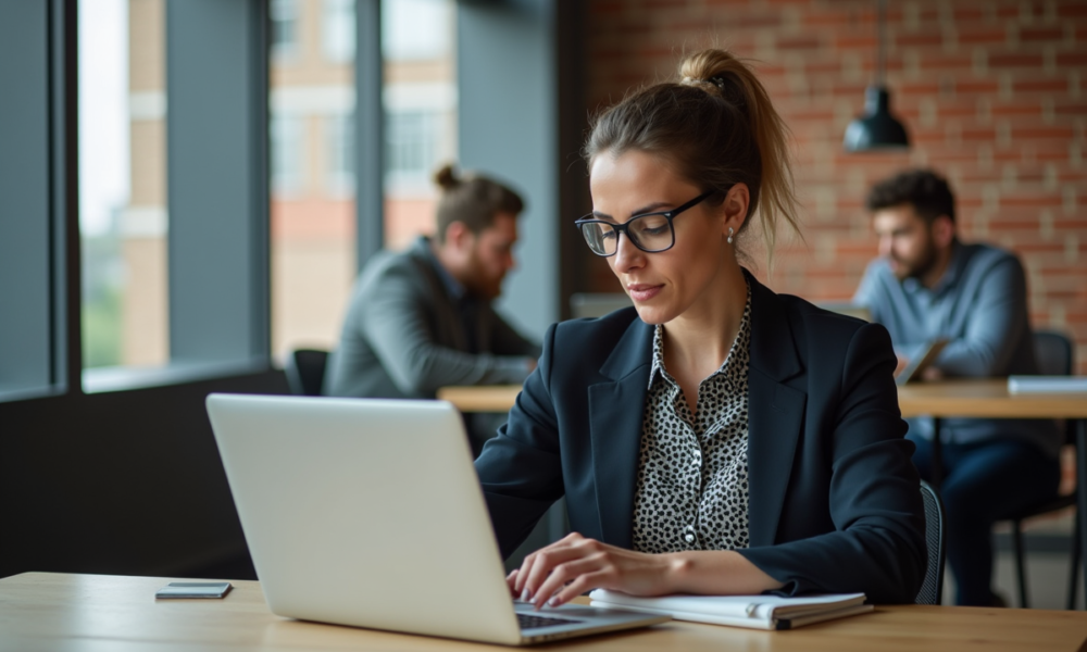 Femme en coworking concentrée sur son ordinateur portable