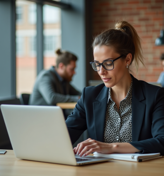 Femme en coworking concentrée sur son ordinateur portable