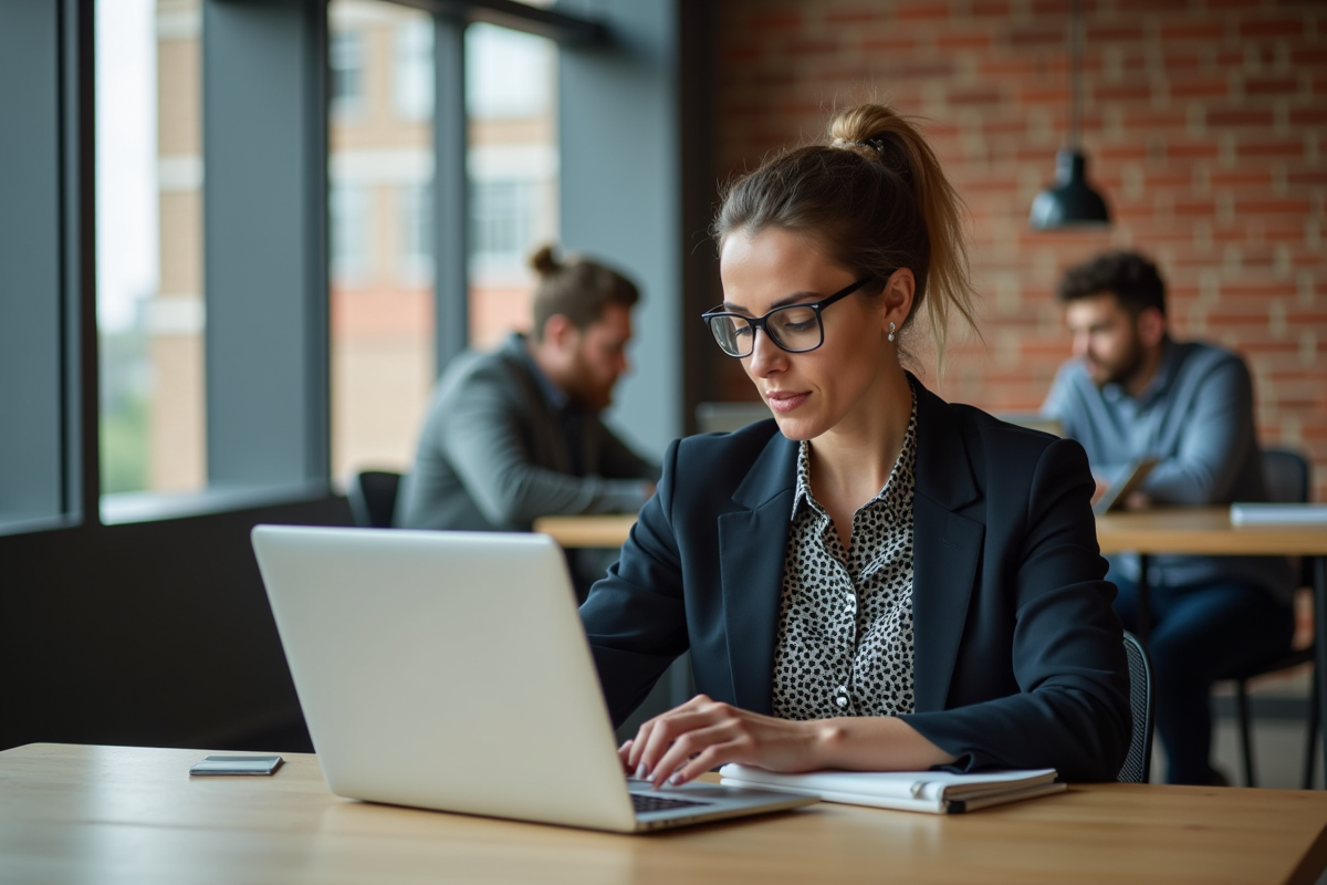 Femme en coworking concentrée sur son ordinateur portable