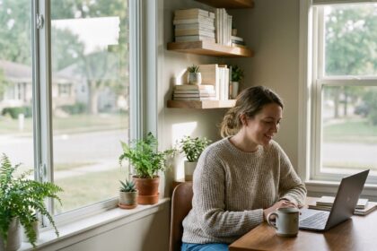 Femme assise à son bureau à domicile avec un sourire