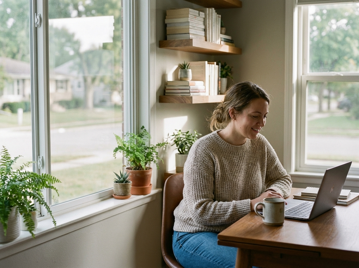 Femme assise à son bureau à domicile avec un sourire