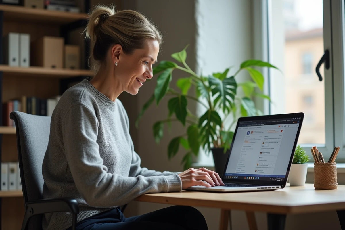 Femme mature utilisant Moodle sur son ordinateur à domicile