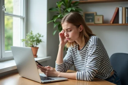 Jeune femme frustrée travaillant sur son ordinateur à domicile