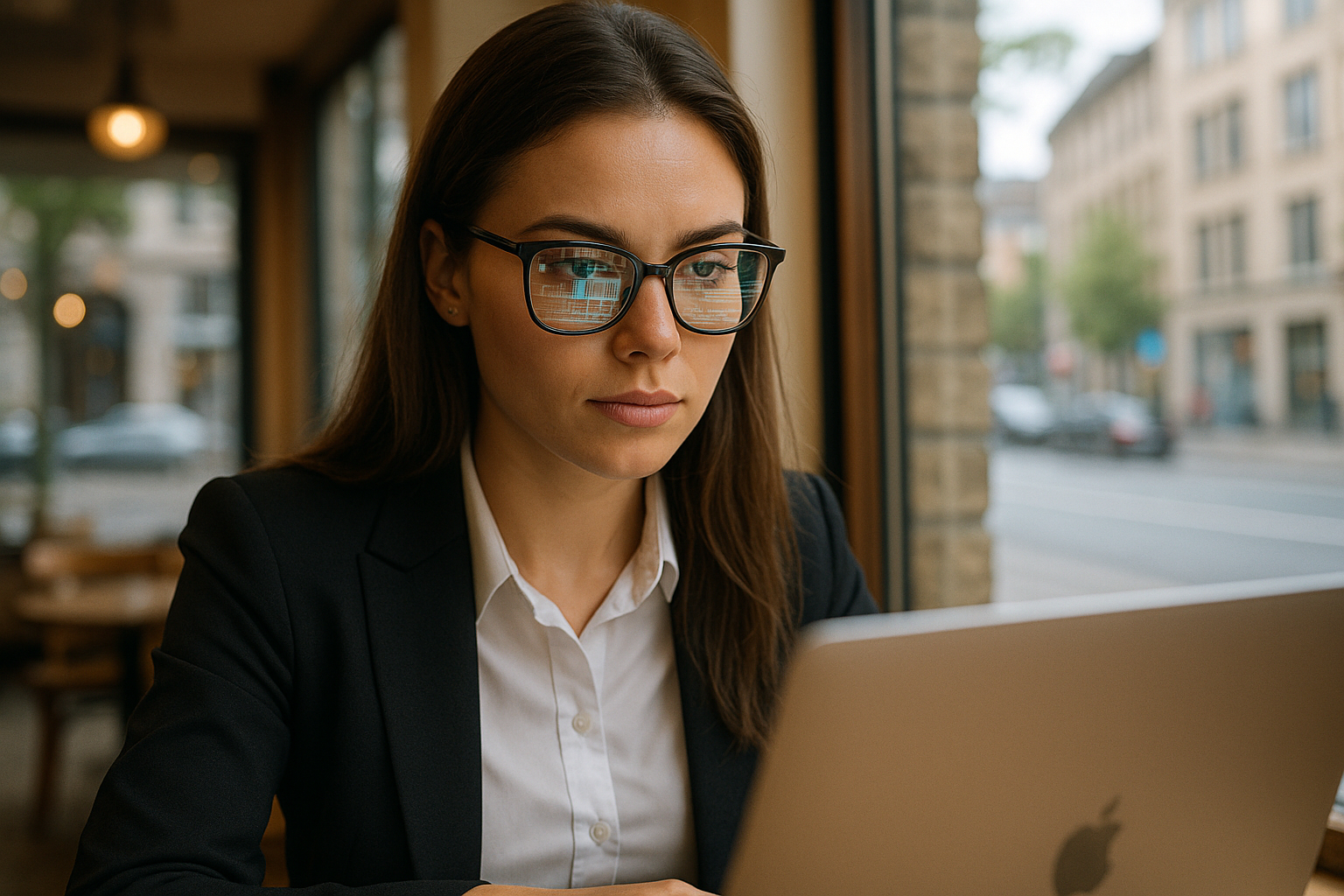 Jeune femme confiante travaillant à distance dans un café lumineux