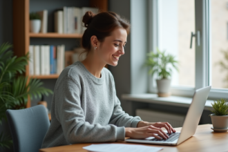 Jeune femme souriante travaillant sur un ordinateur portable dans un bureau à domicile
