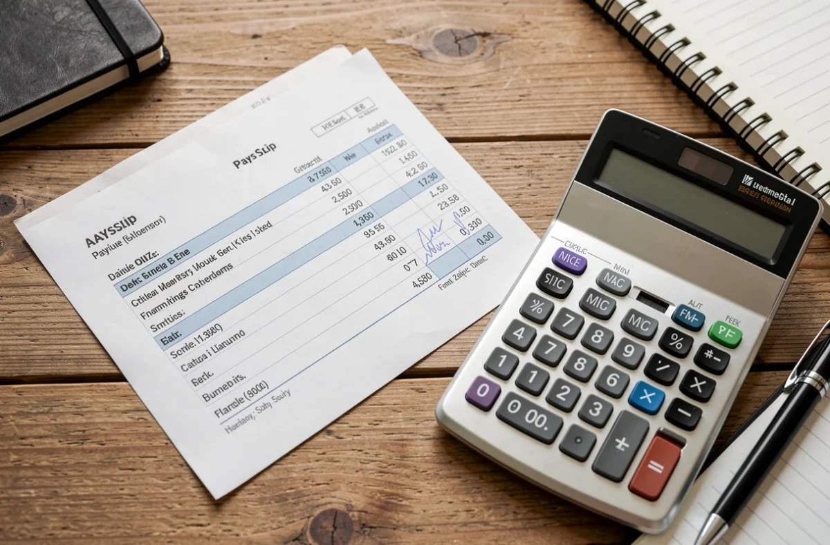 Fiche de paie et calculatrice posées sur un bureau