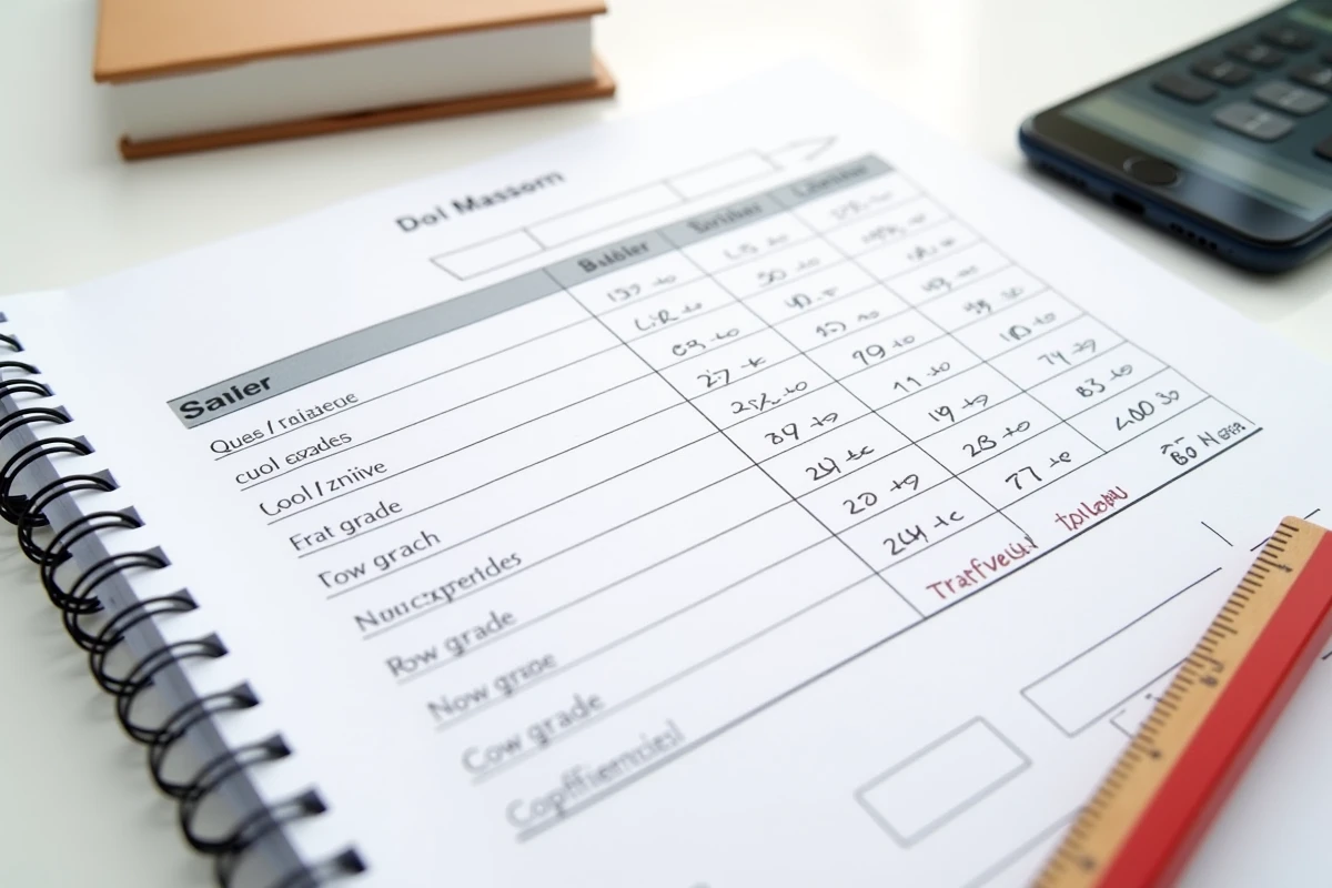 Fiche pratique manuscrite de calcul de moyenne avec coefficients vue de dessus sur un bureau