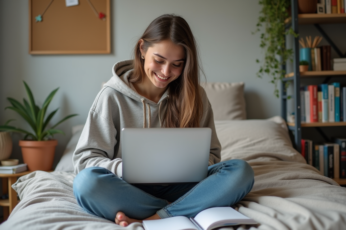 Jeune femme étudie dans sa chambre universitaire