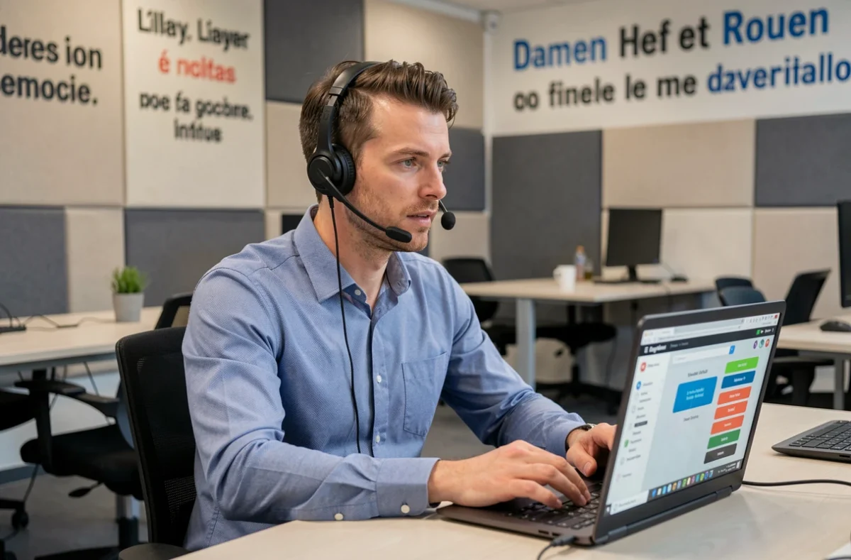 Adulte en formation d'anglais professionnel avec casque audio dans un institut spécialisé à Rouen, Formaspeak