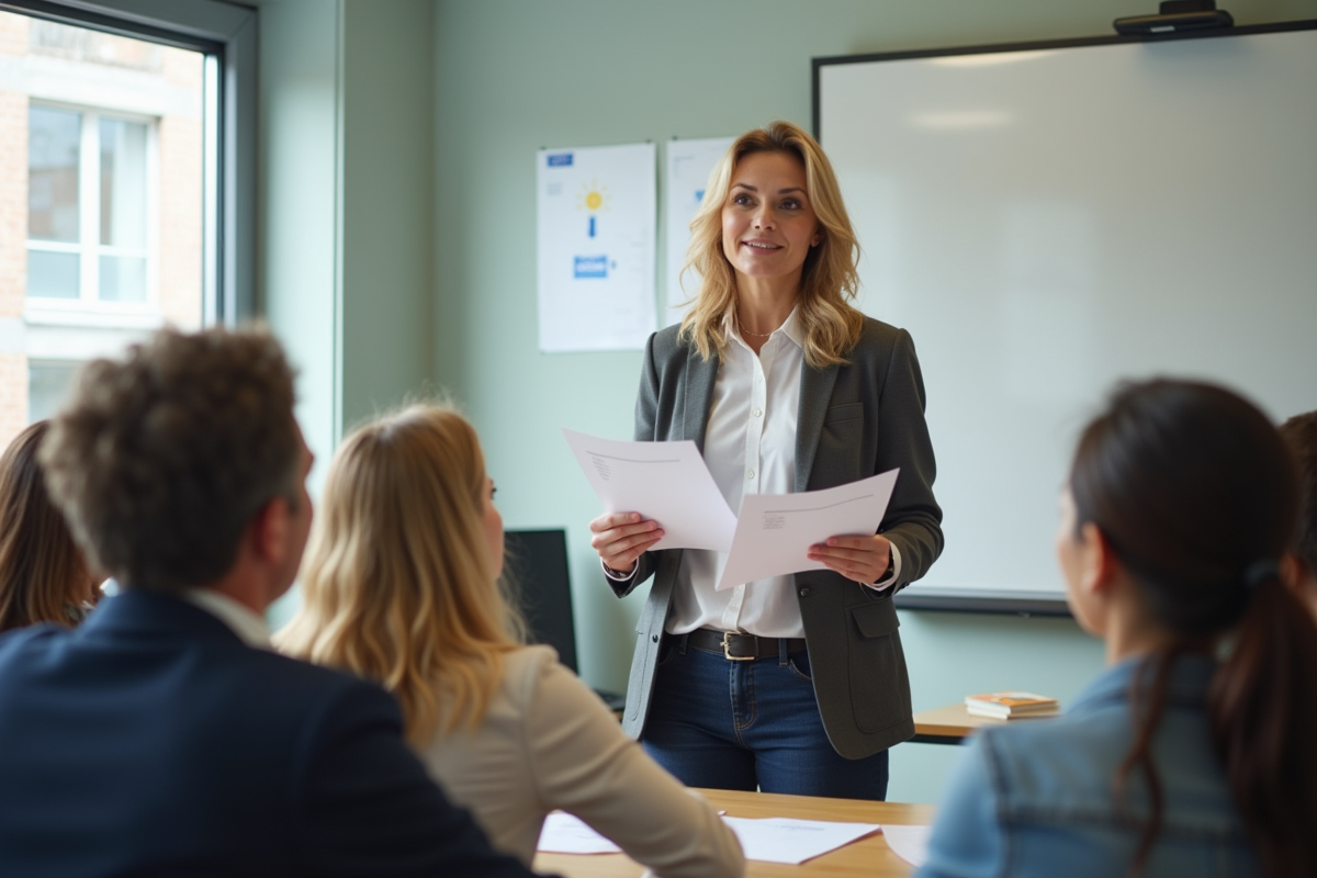 Formateur distribuant des feuilles de feedback en formation
