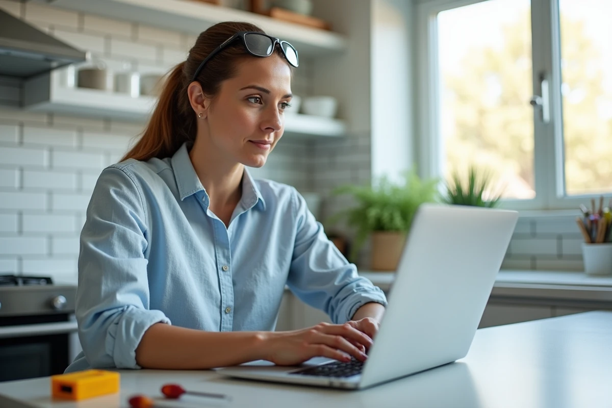 Femme consultant un cours de bricolage en ligne sur ordinateur portable dans une cuisine moderne avec des outils posés à côté