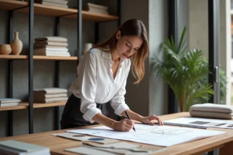 Jeune femme professionnelle annotant un moodboard de décoration intérieure dans un studio de design moderne, entourée d'échantillons de tissus et de plans d'aménagement