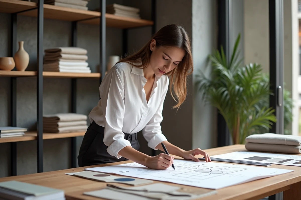 Jeune femme professionnelle annotant un moodboard de décoration intérieure dans un studio de design moderne, entourée d'échantillons de tissus et de plans d'aménagement