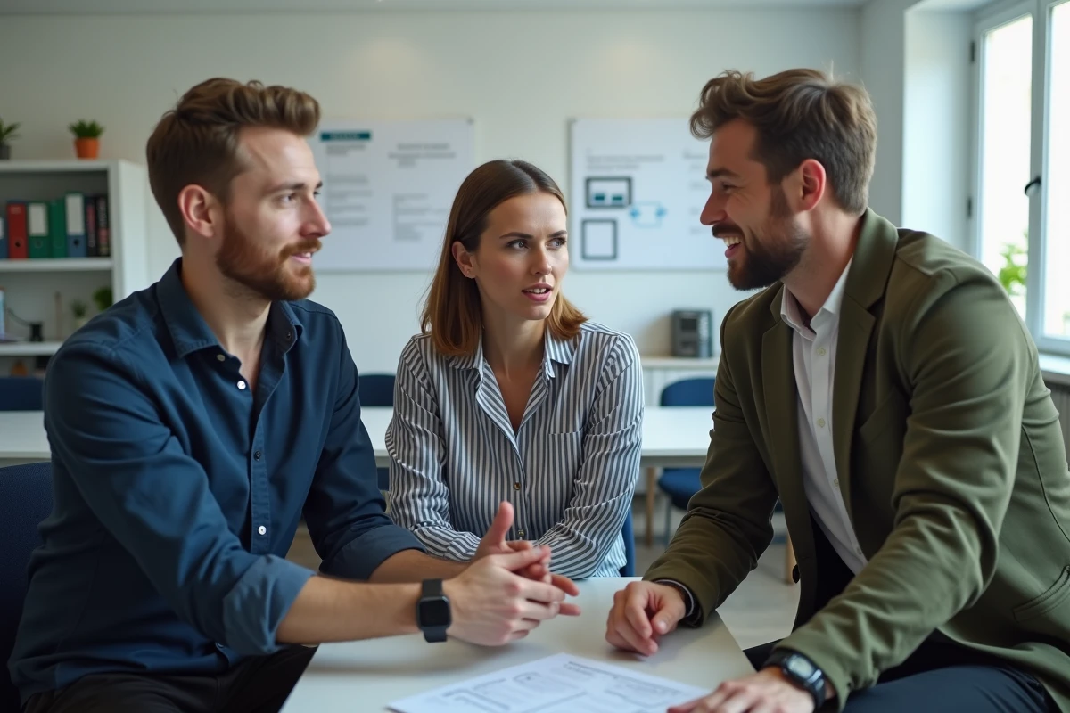 Groupe de professionnels en formation digitale dans une salle de cours parisienne, collaborant autour d'un écran d'ordinateur