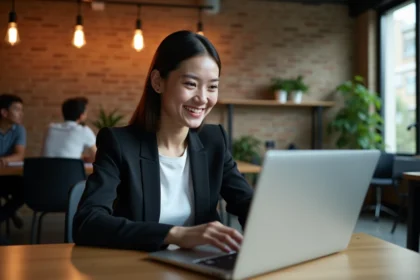 Jeune femme professionnelle suivant une formation digitale dans un espace de co-working parisien moderne, devant un ordinateur portable