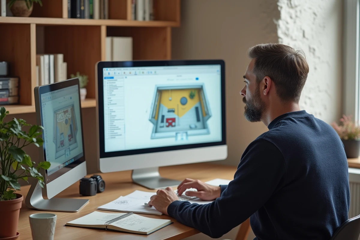 Homme adulte suivant une formation en ligne en aménagement intérieur depuis son bureau à domicile, avec des notes manuscrites et un écran affichant un plan de décoration