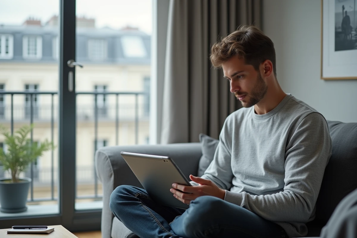 Homme en télétravail suivant un cours de développement web en ligne depuis son appartement parisien avec une tablette numérique